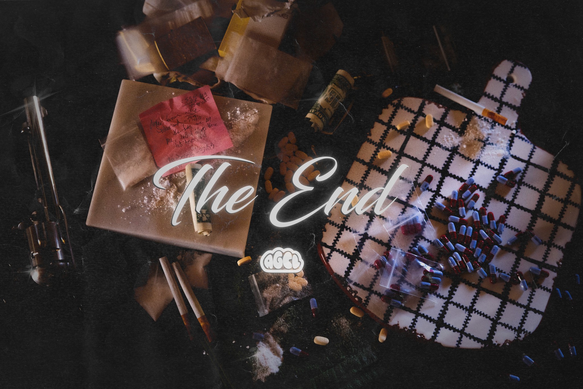 An overhead arrangement of set objects with a handwritten closing title.