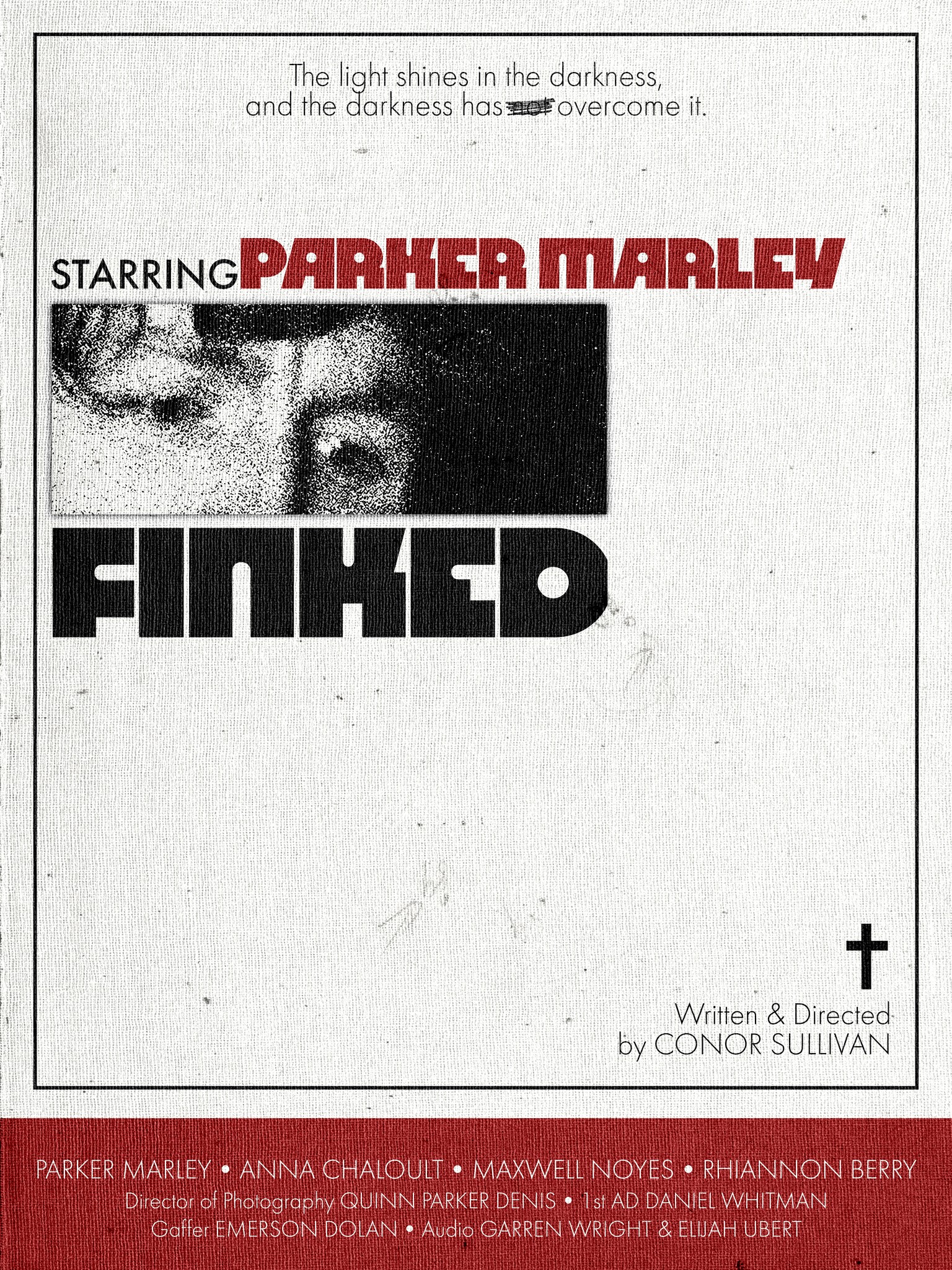 A stark monochrome portrait, compressed lettering, and a blood-red credit block.