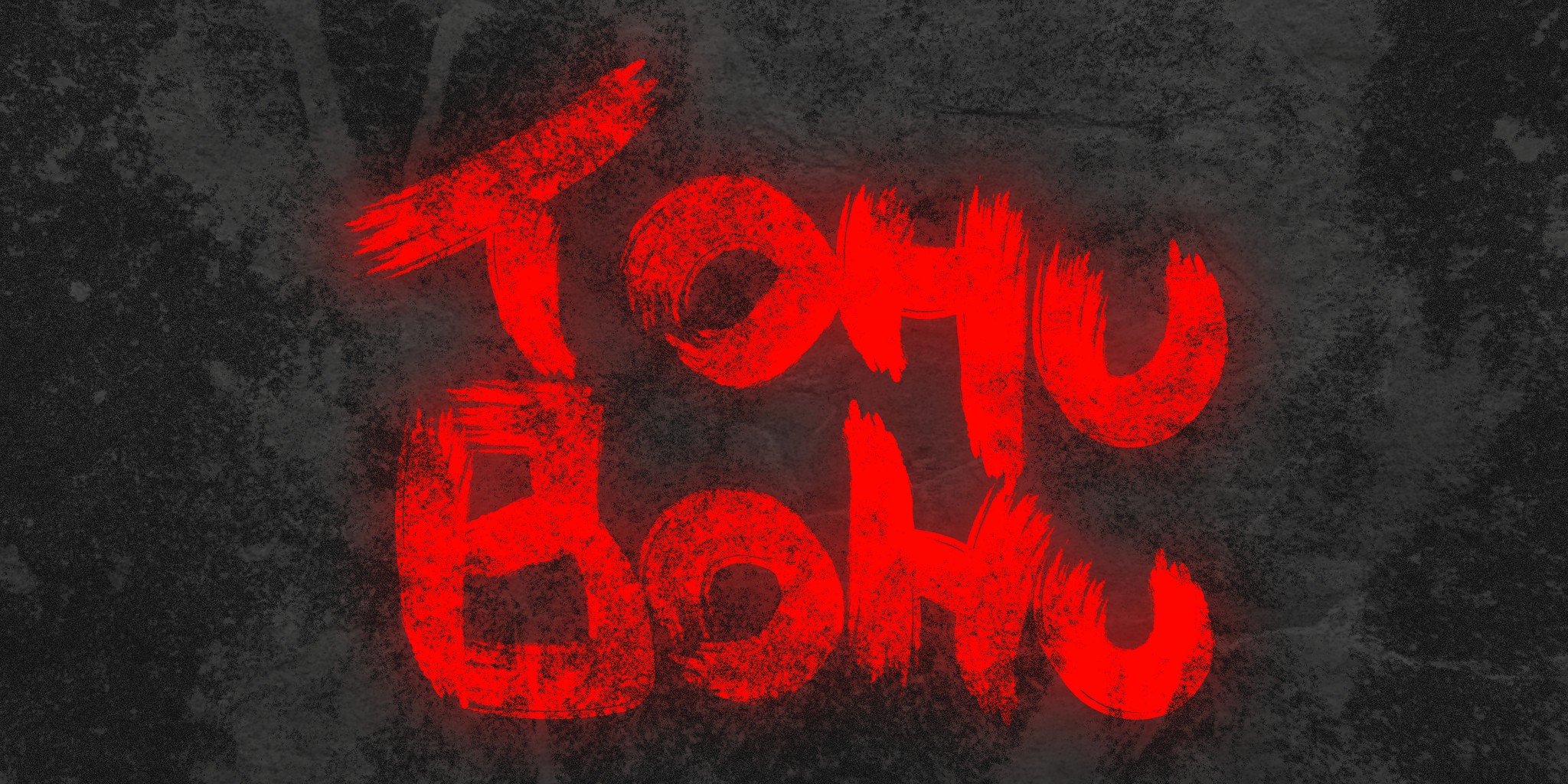 Rough red lettering against a dark, weathered surface.