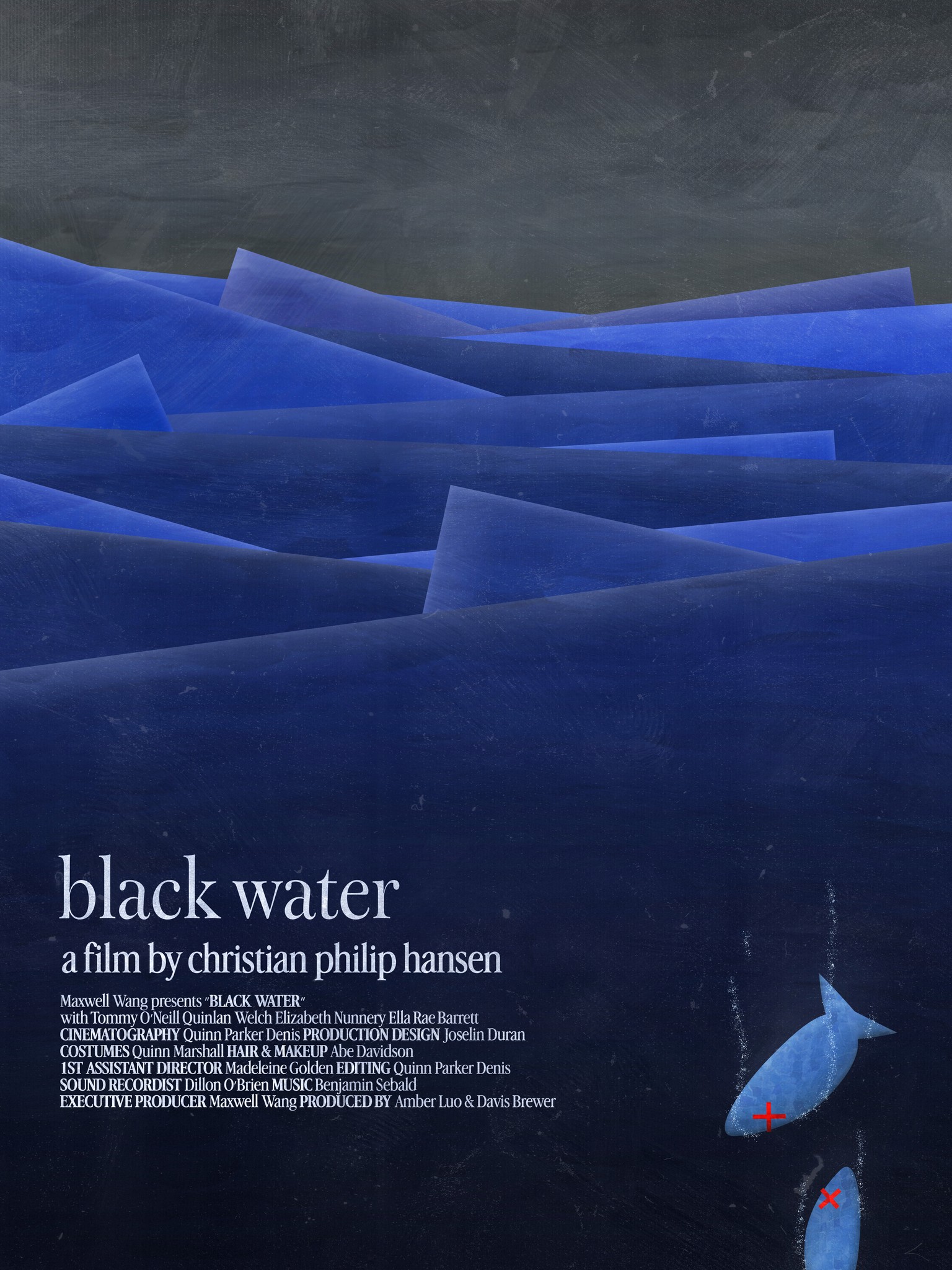 Layered blue waves and a small fish against a textured, nearly black background.