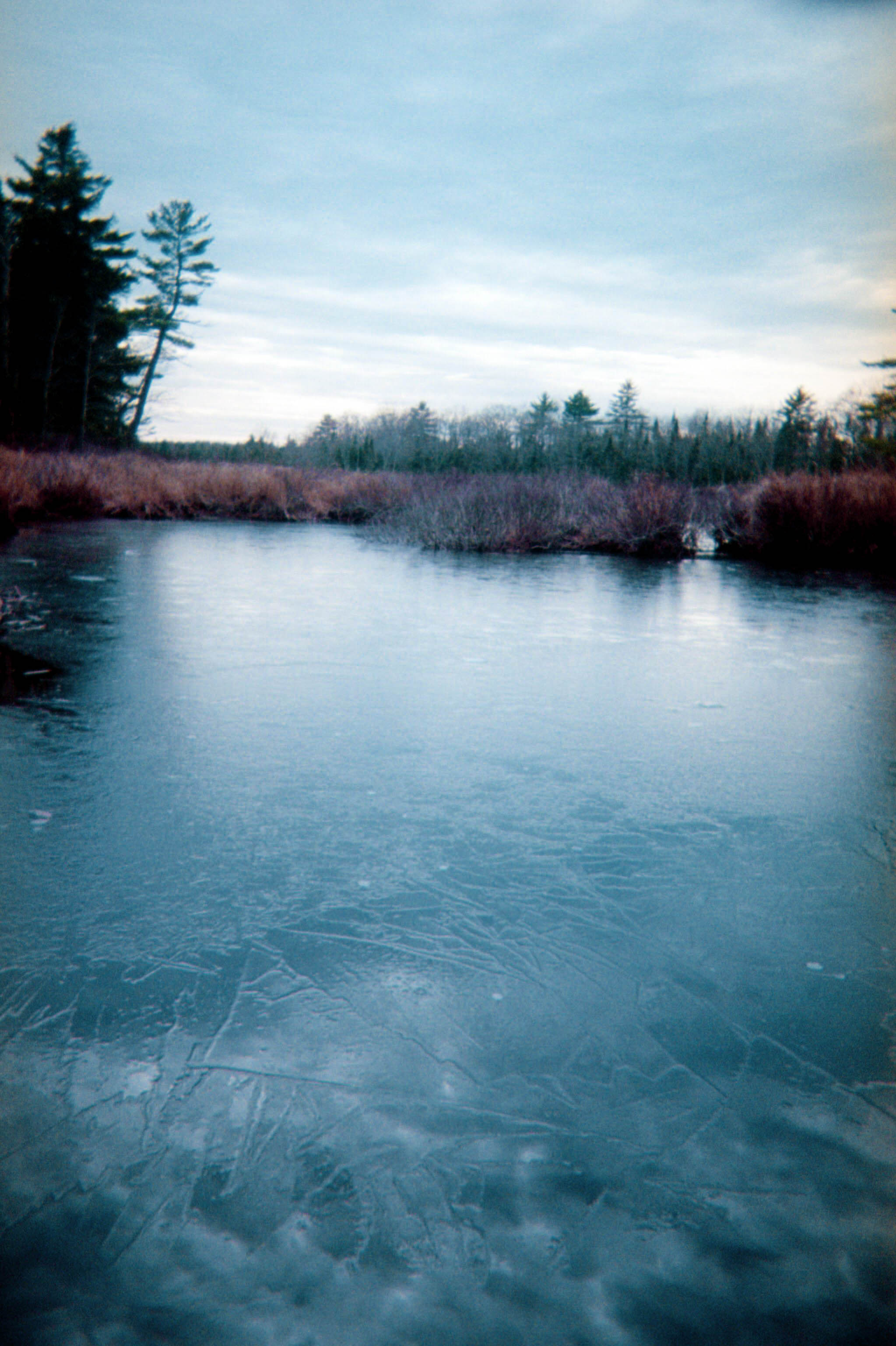 A quiet body of water reflects pale clouds along a wooded shoreline.
