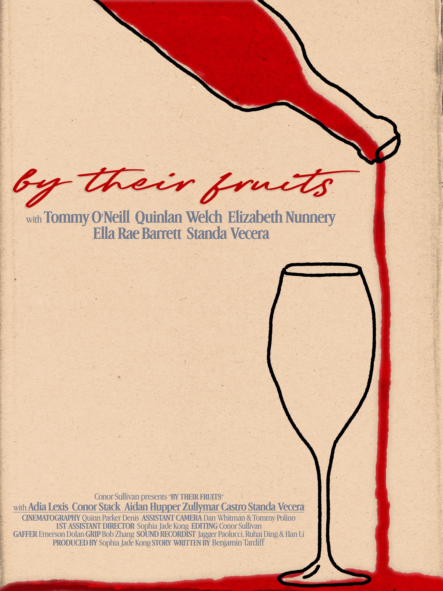 A red bottle pours into a fine-line glass on a warm paper ground.