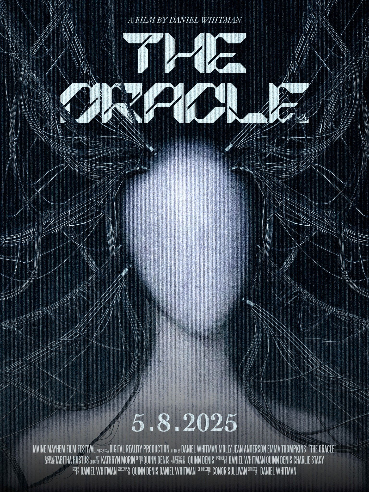 A blurred face emerges through a web of fine lines and metallic type.