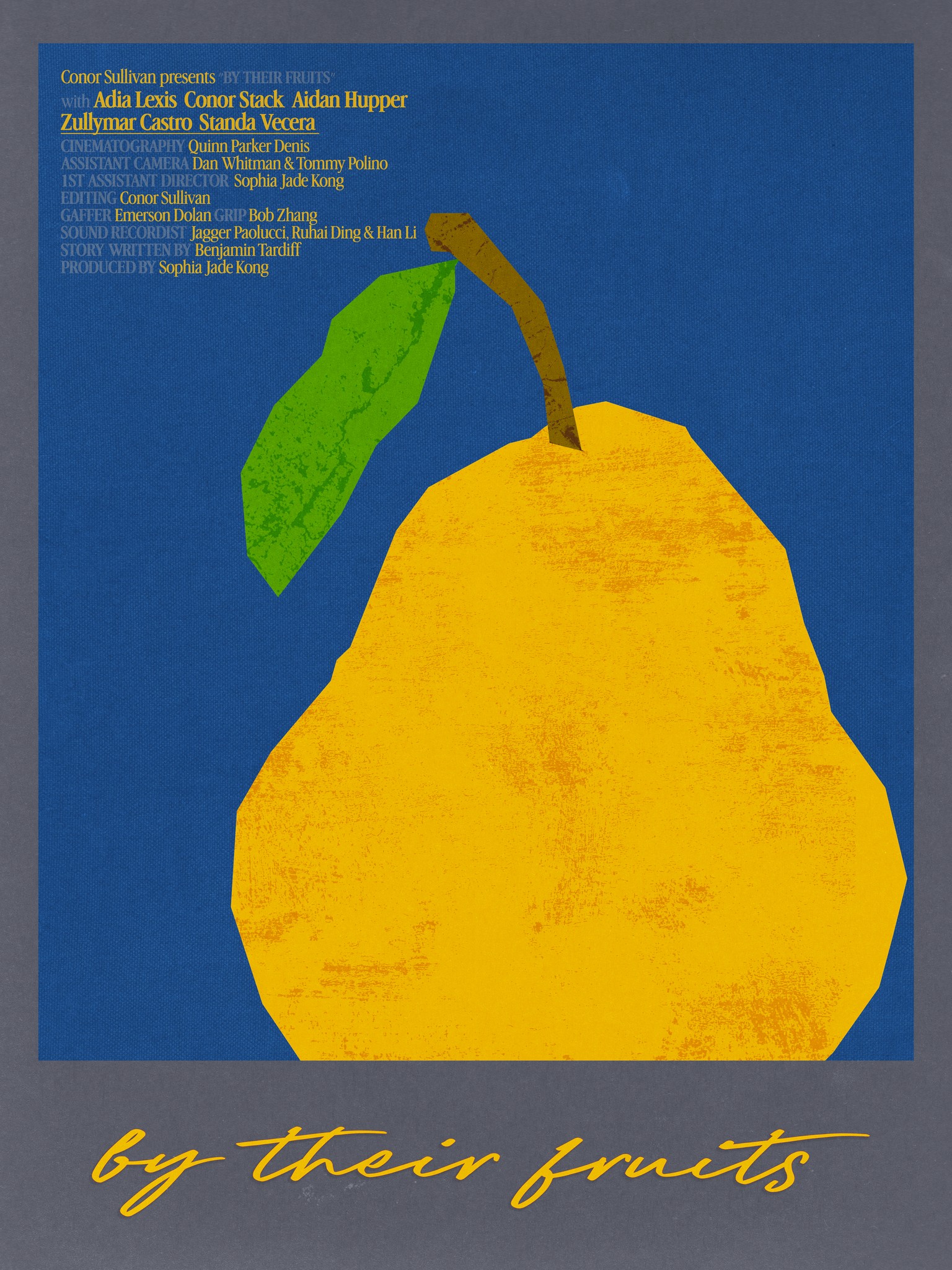 A painted yellow pear against deep blue, framed by handwritten lettering.